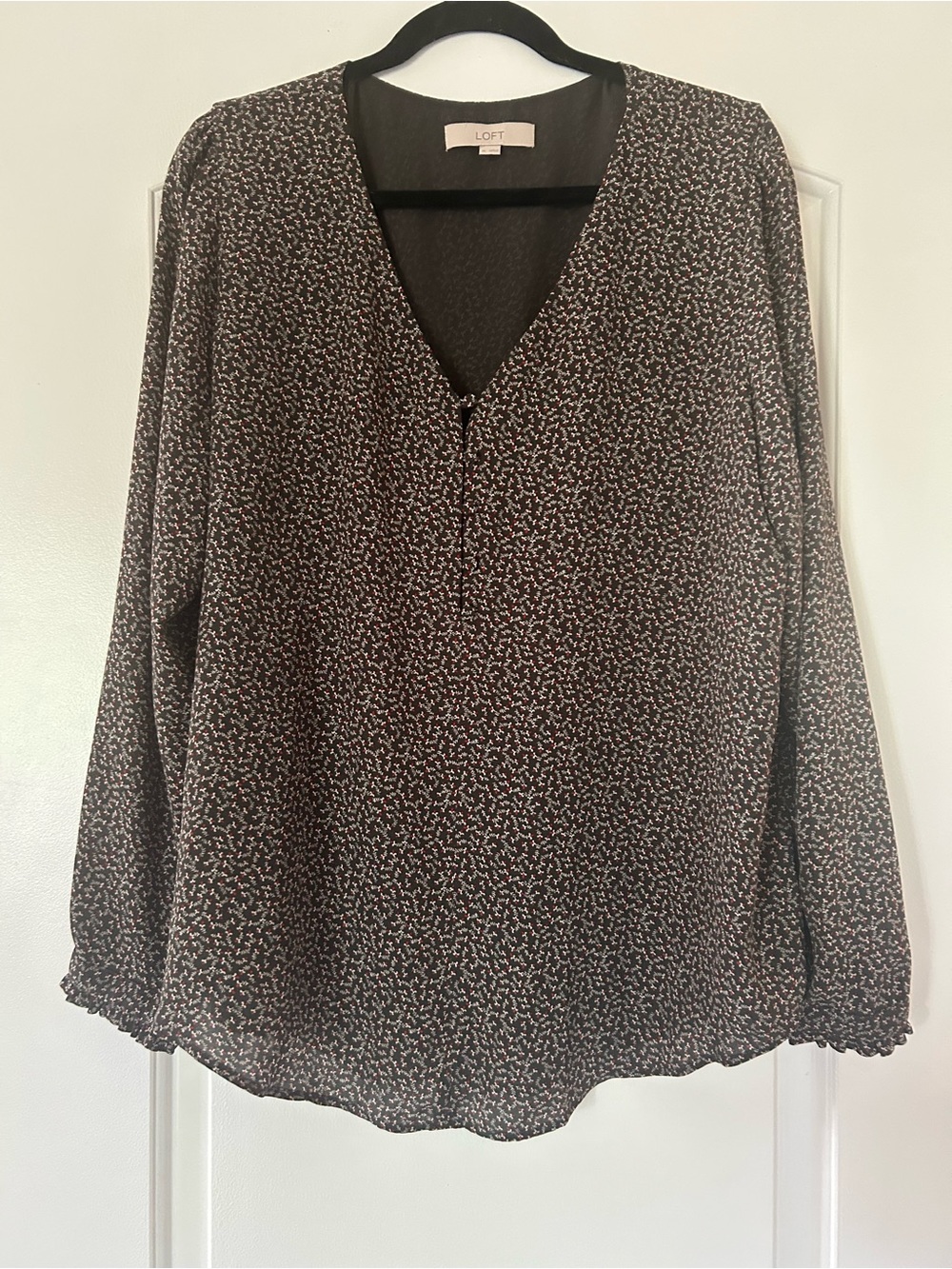 LOFT Brown Printed V-Neck Long Sleeve Blouse with Tiny Cream Print